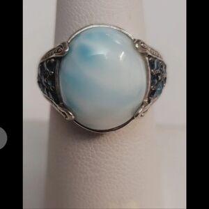 R285 Artisan Crafted Natural Blue Larimar with Blue Topaz Statement Ring. Size 7